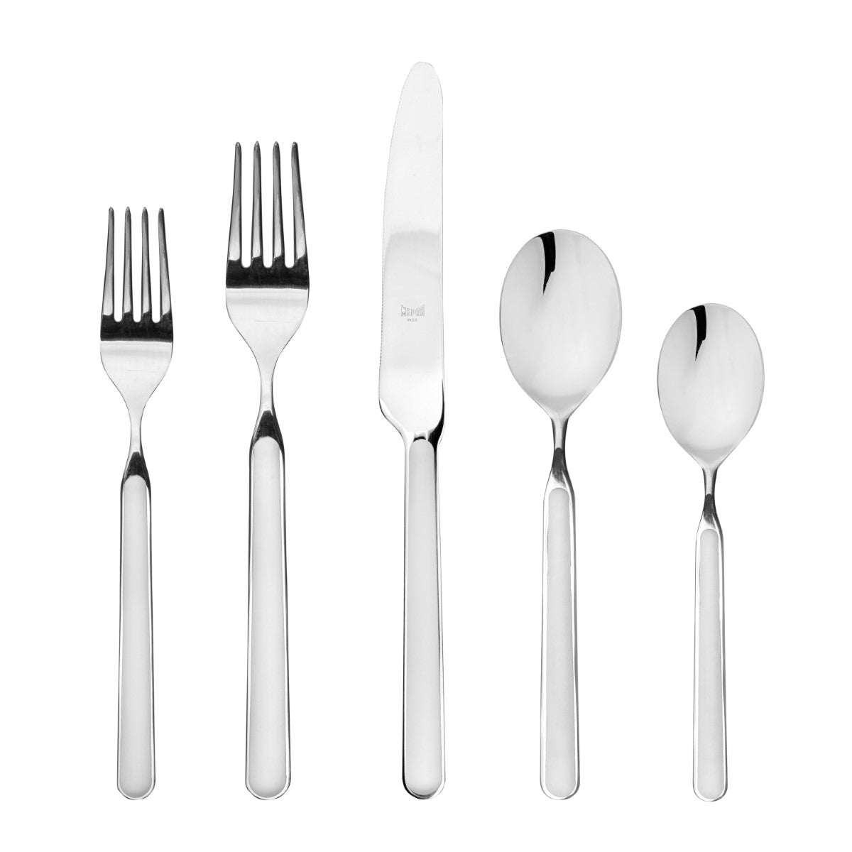 Set of silver cutlery including forks, knives, and spoons on a white background