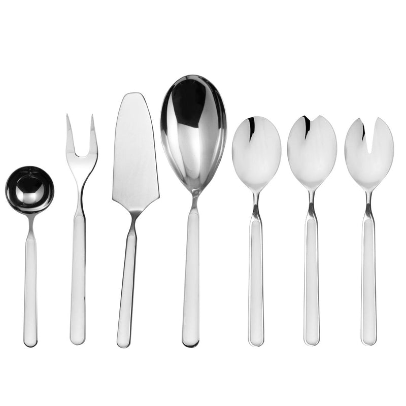 Set of silver cutlery including spoons, forks, and a knife on a white background