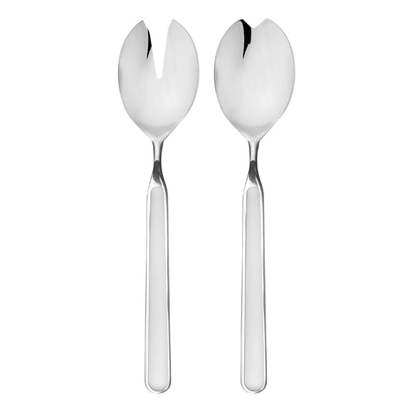 Two silver salad servers on a white background