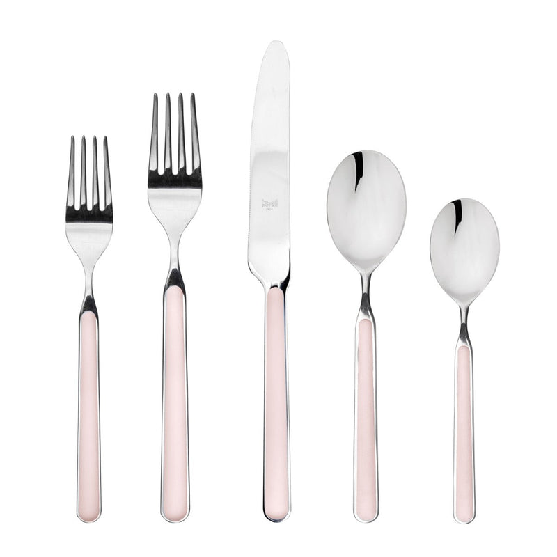 Set of silver cutlery with pink handles on a white background