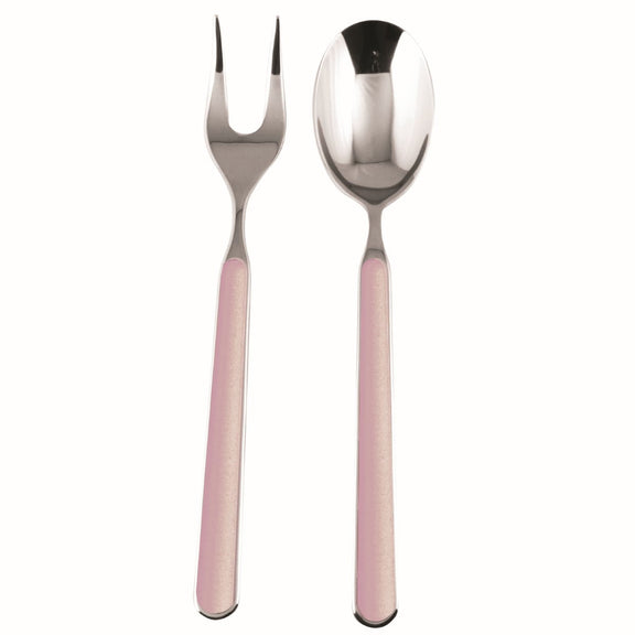 Spoon and fork with pink handles on a white background