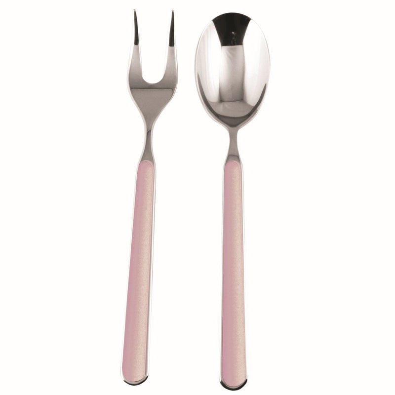 Spoon and fork with pink handles on a white background