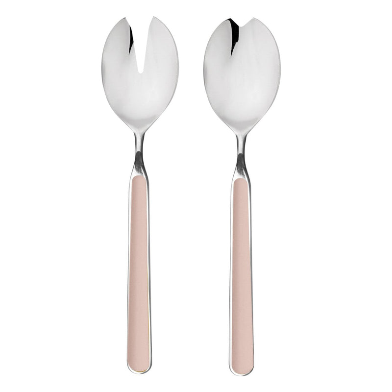 Two silver spoons with pink handles on a white background