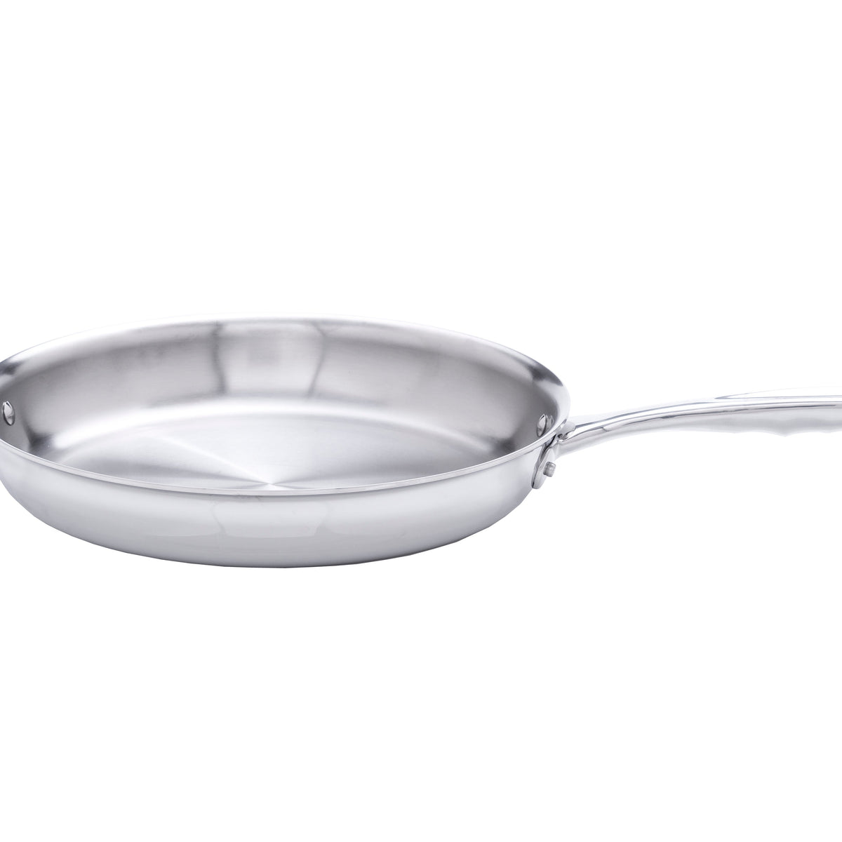 Stainless steel frying pan on a white background