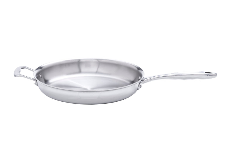 Stainless steel frying pan on a white background