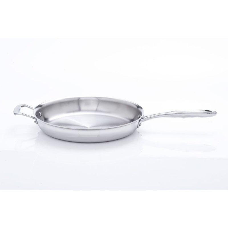Stainless steel frying pan on a white background