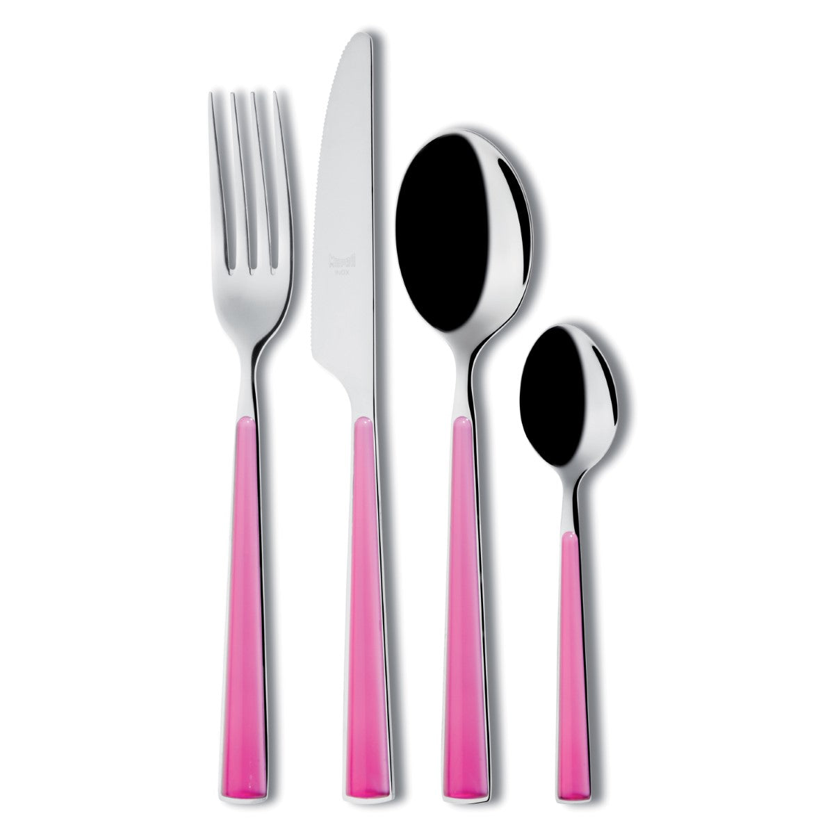 Set of silver cutlery with pink handles on a white background