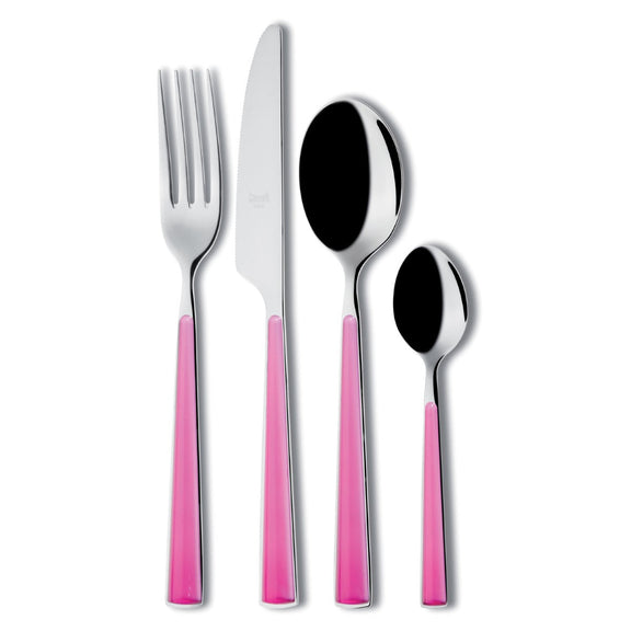 Set of silver cutlery with pink handles on a white background