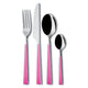 Set of silver cutlery with pink handles on a white background