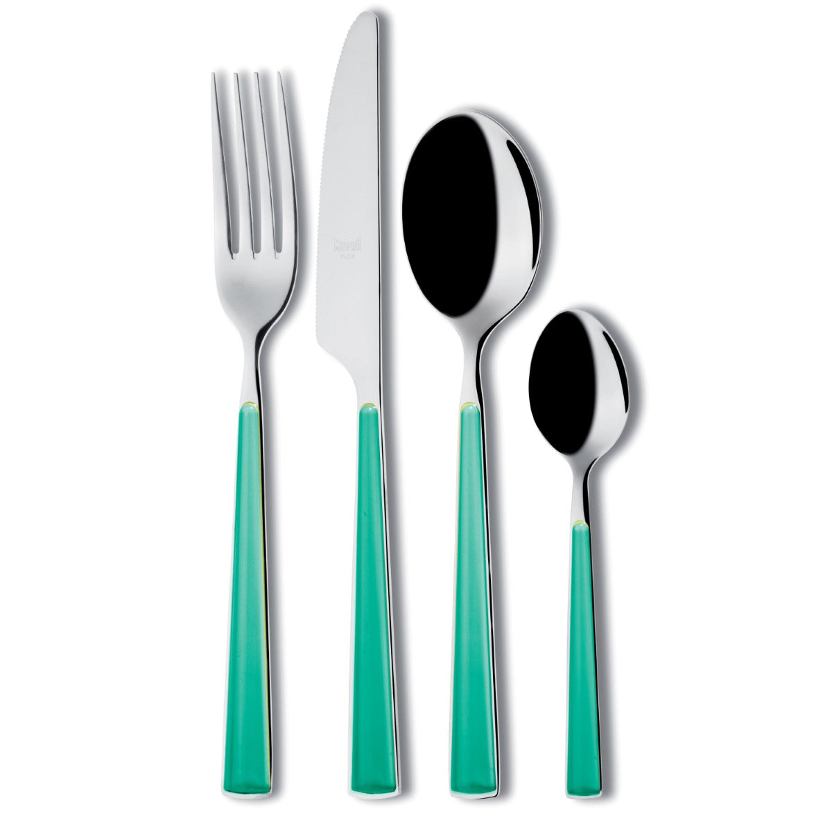 Set of silver cutlery with turquoise handles on a white background