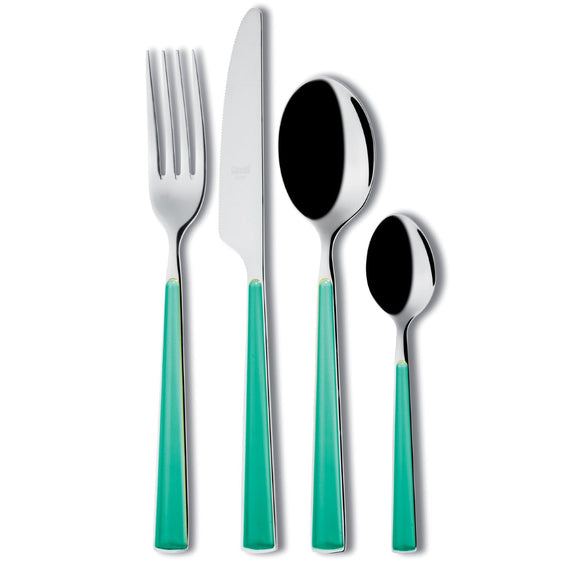 Set of silver cutlery with turquoise handles on a white background
