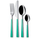 Set of silver cutlery with turquoise handles on a white background