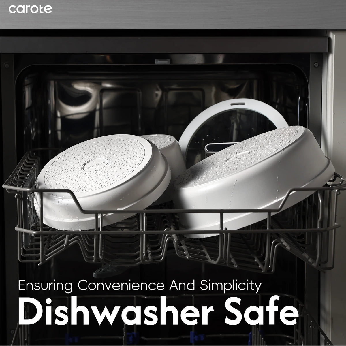 Dishwasher with carote products inside, labeled 'Dishwasher Safe'.