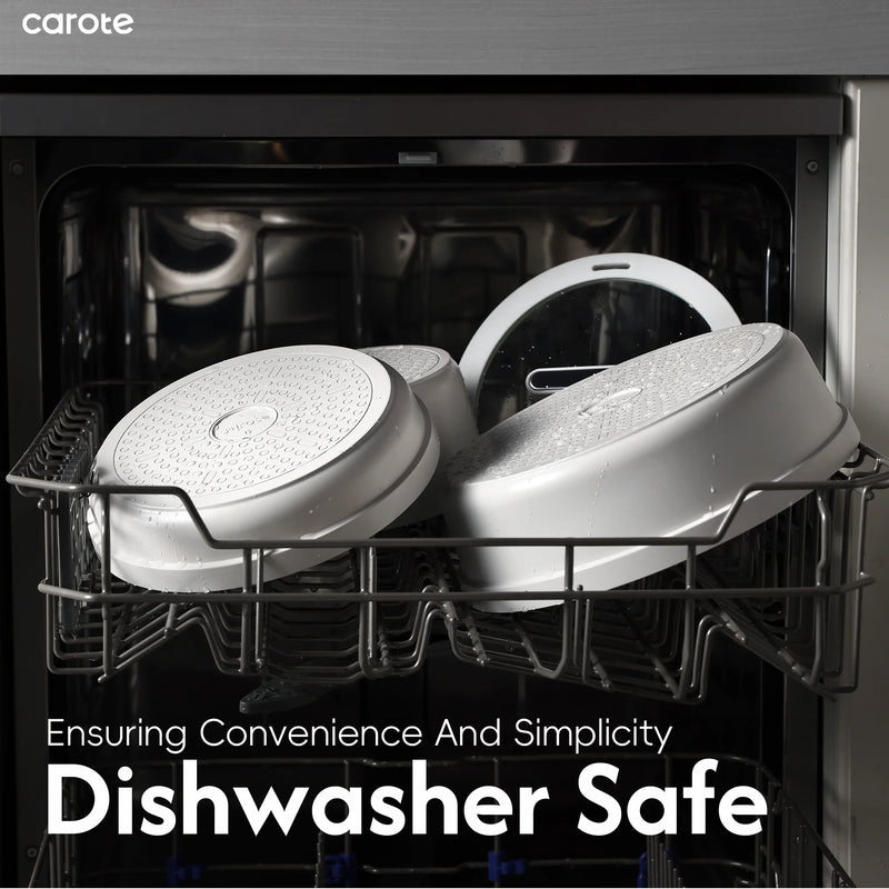 Dishwasher with carote products inside, labeled 'Dishwasher Safe'.