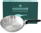 Silver frying pan with black handle in front of a Magnaware box.