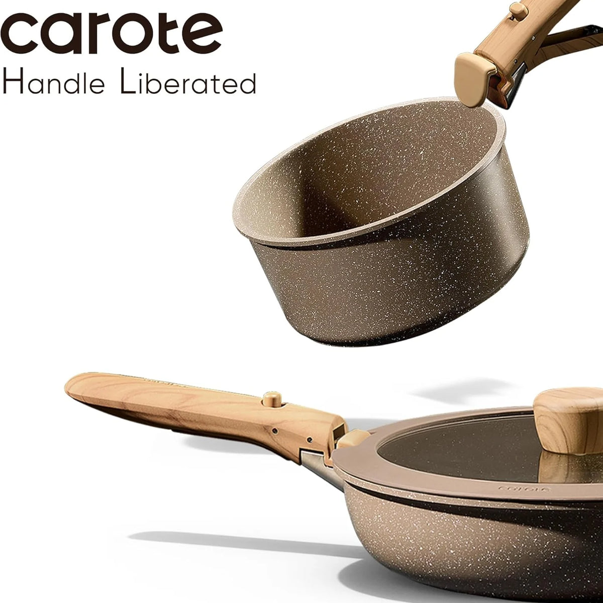 Speckled cookware set with wooden handle feature on a white background, featuring the brand 'carote'.