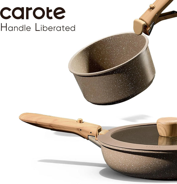 Speckled cookware set with wooden handle feature on a white background, featuring the brand 'carote'.
