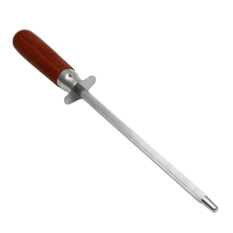 Knife sharpener with wooden handle on a white background