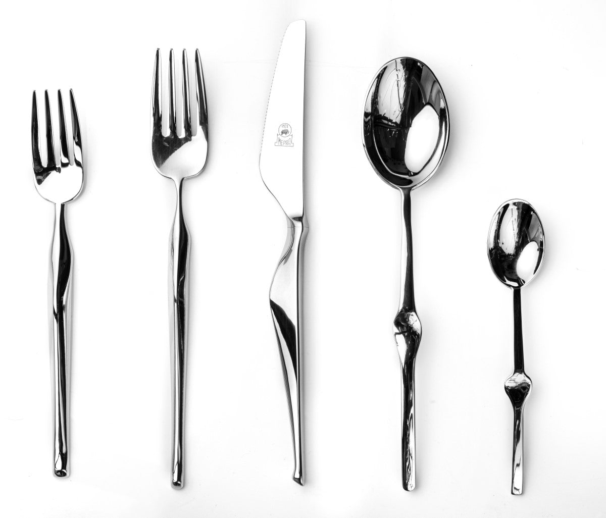 Set of silver cutlery including forks, knives, and spoons on a white background