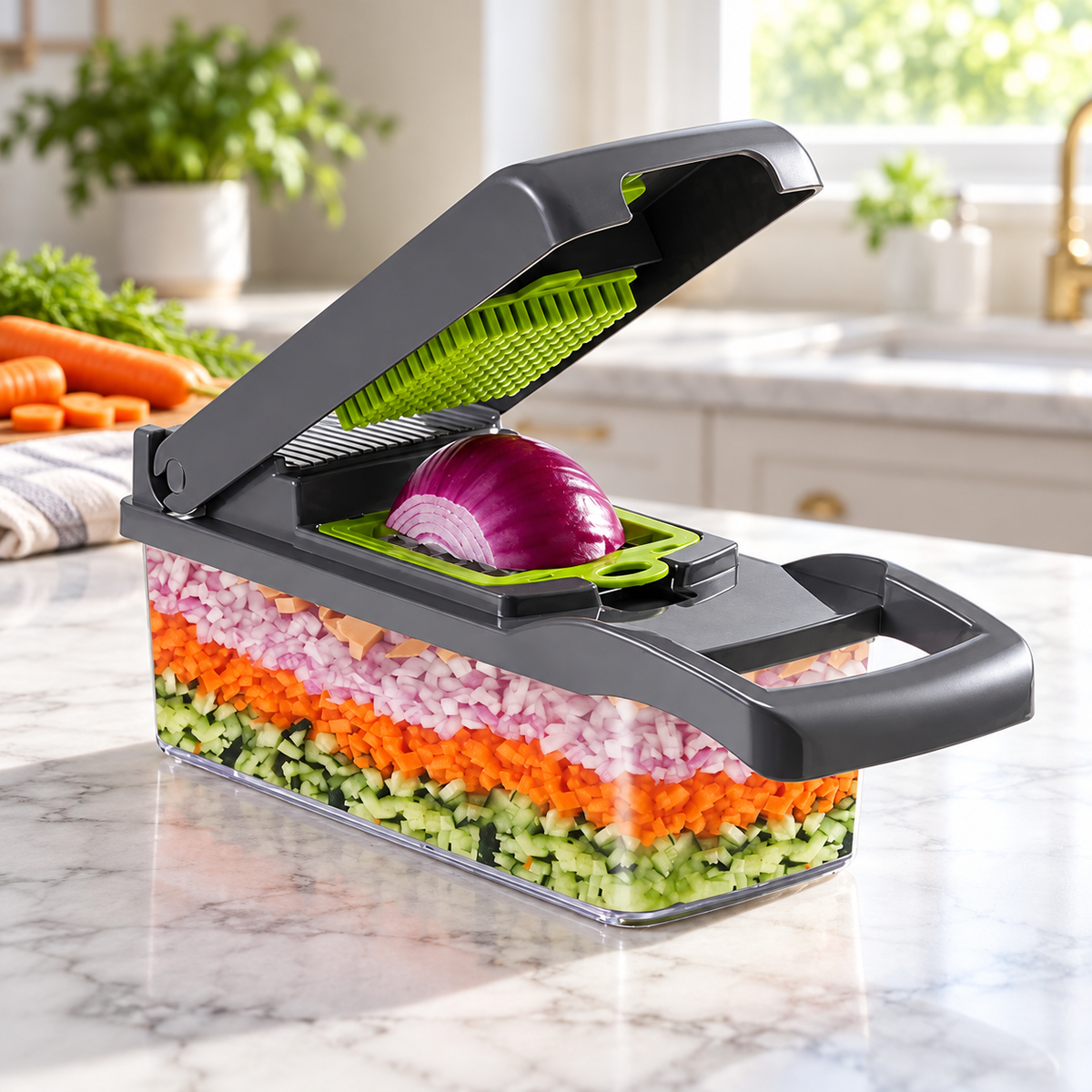 Gray and lime-green vegetable chopper with collection tray on a marble kitchen island