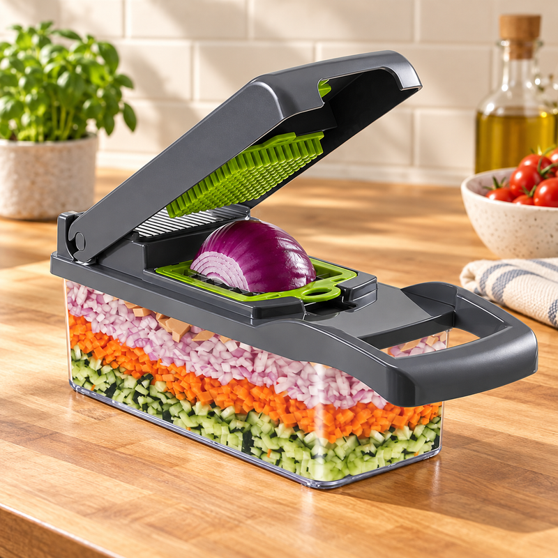 Gray and lime-green vegetable chopper with diced vegetables on a wood kitchen counter