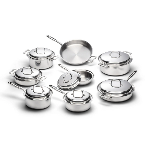 Set of stainless steel cookware on a white background