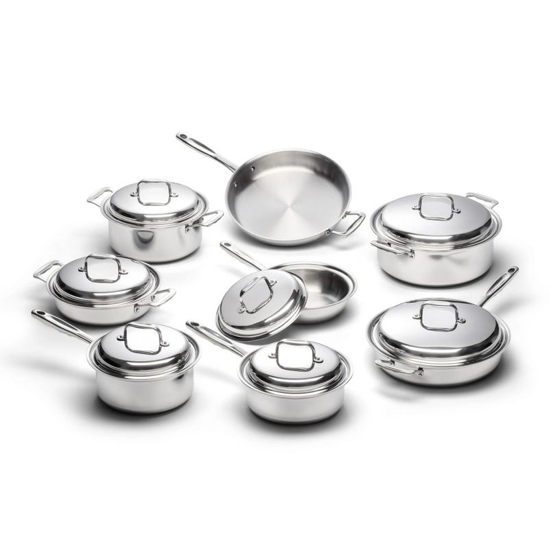 Set of stainless steel cookware on a white background