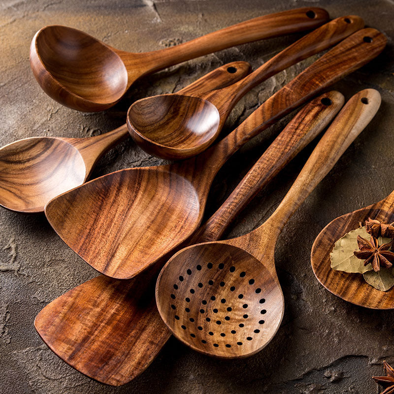 Teak Natural Wood Ladle Turner Colander Soup Skimmer Tool Set