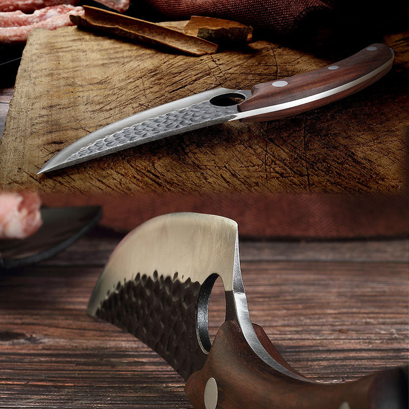 Two knives with wooden handles on a wooden surface, one of which is a cleaver.
