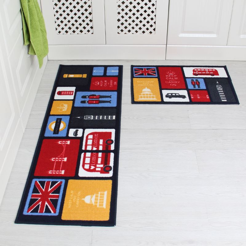 Decorative rug with British-themed design on a white floor.
