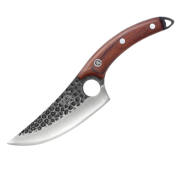 Knife with a wooden handle and textured blade on a white background