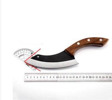 Knife with a wooden handle next to a ruler on a white background