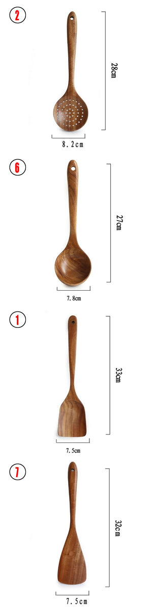 Teak Natural Wood Ladle Turner Colander Soup Skimmer Tool Set