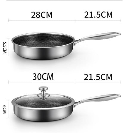 Two stainless steel frying pans with measurements on a white background