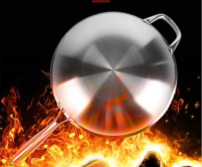 Stainless steel frying pan with flames in the background