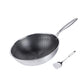 Stainless steel wok with a spatula on a white background
