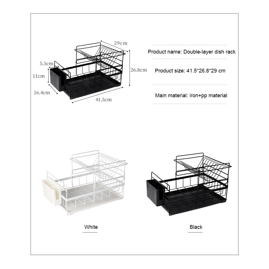 Double-layer dish rack with dimensions and color options on a white background