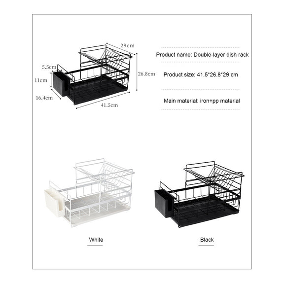 Double-layer dish rack with dimensions and color options on a white background