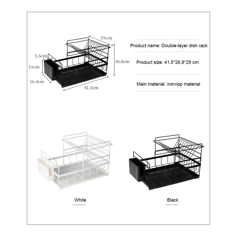 Double-layer dish rack with dimensions and color options on a white background