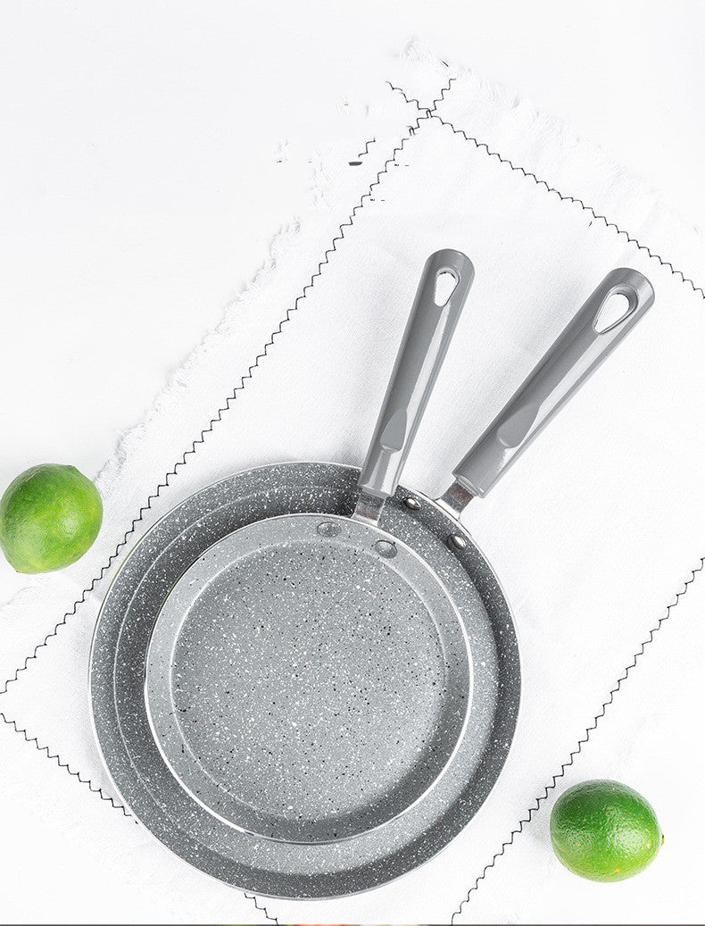 Set of two gray frying pans with handles on a white background