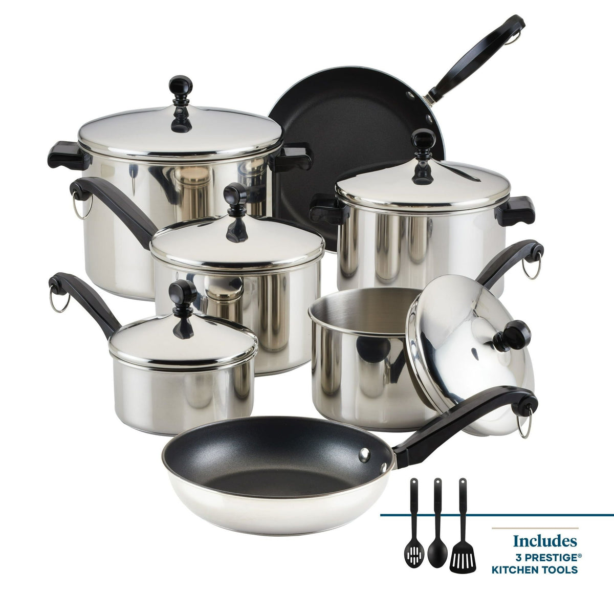 Set of stainless steel cookware with lids and black handles on a white background, including three Prestige kitchen tools.