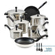 Set of stainless steel cookware with lids and black handles on a white background, including three Prestige kitchen tools.
