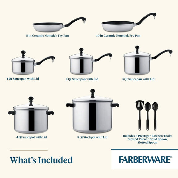 Collection of Farberware cookware including pots, pans, and utensils on a white background.