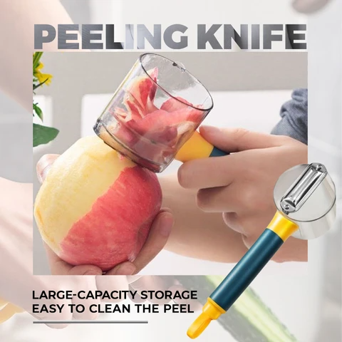 Peeling knife being used to peel a fruit with text highlighting features