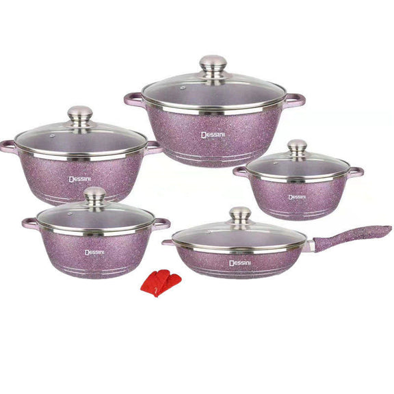 Set of purple cookware with glass lids on a white background