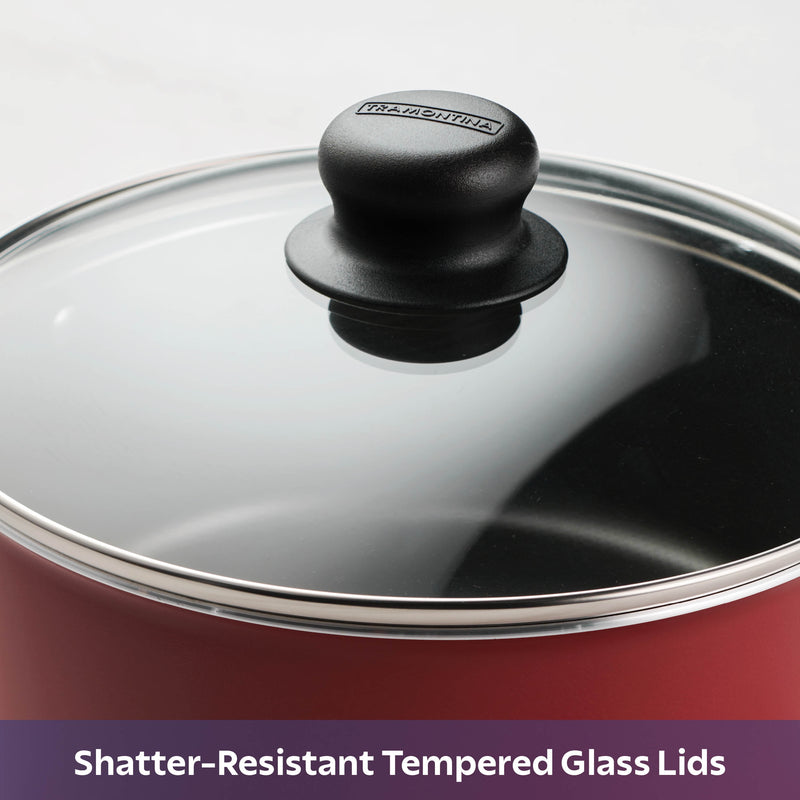 Closeup of Red saute pan covered with Tempered glass lid
