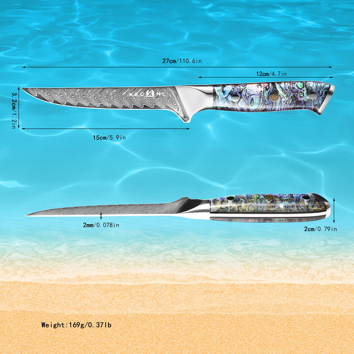 Fishing knife with measurements on a beach and ocean background