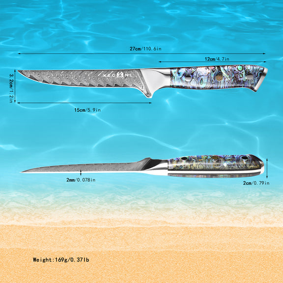Fishing knife with measurements on a beach and ocean background
