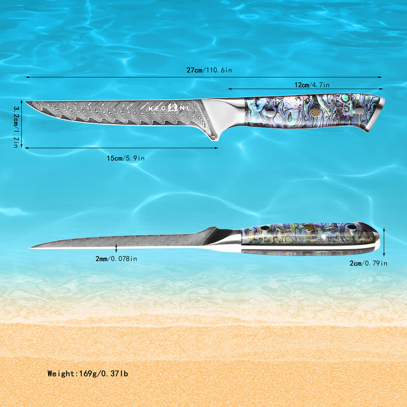 Fishing knife with measurements on a beach and ocean background