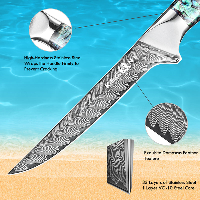 Detailed view of a knife with Damascus steel blade and high-hardness stainless steel handle on a blue and sandy background.